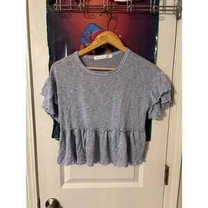 Altar'd State Women Blue Ruffle Flutter Sleeve Peplum Slub Knit Top Small